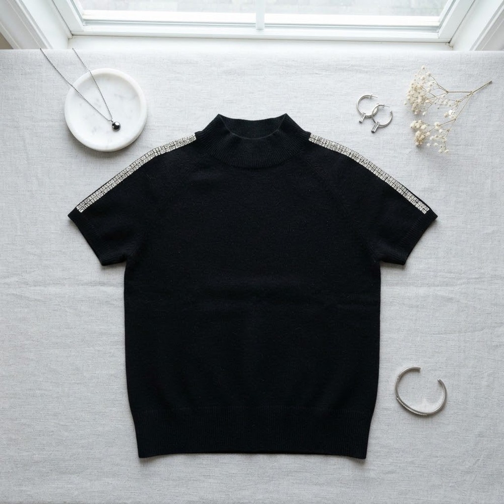 Kenar Cashmere Sweater Women Small Black Rhinestone Mock Neck Short Sleeve Luxe